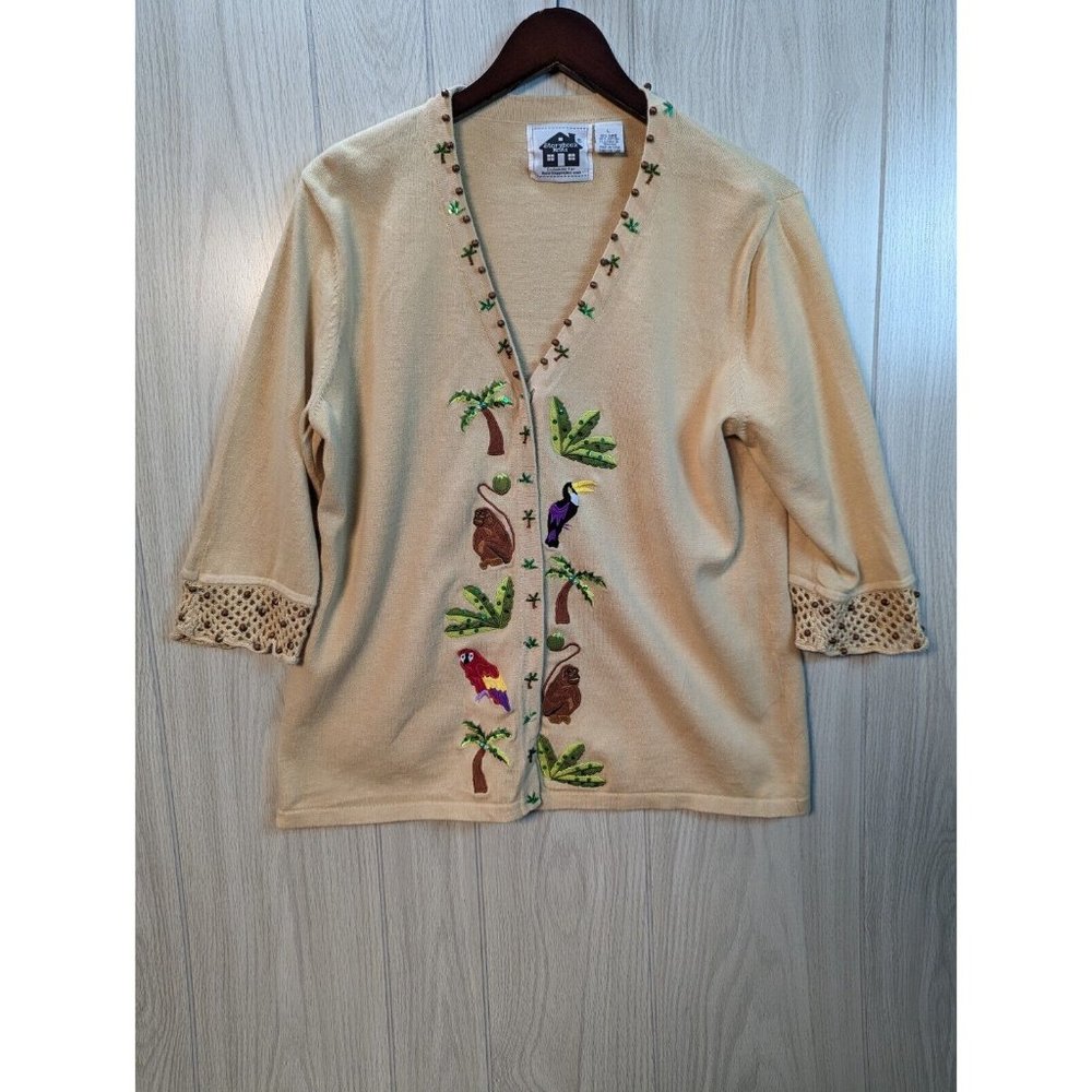 Storybook Knits Cardigan Sweater Large Tropical Monkey Palm Tree Beaded Tan